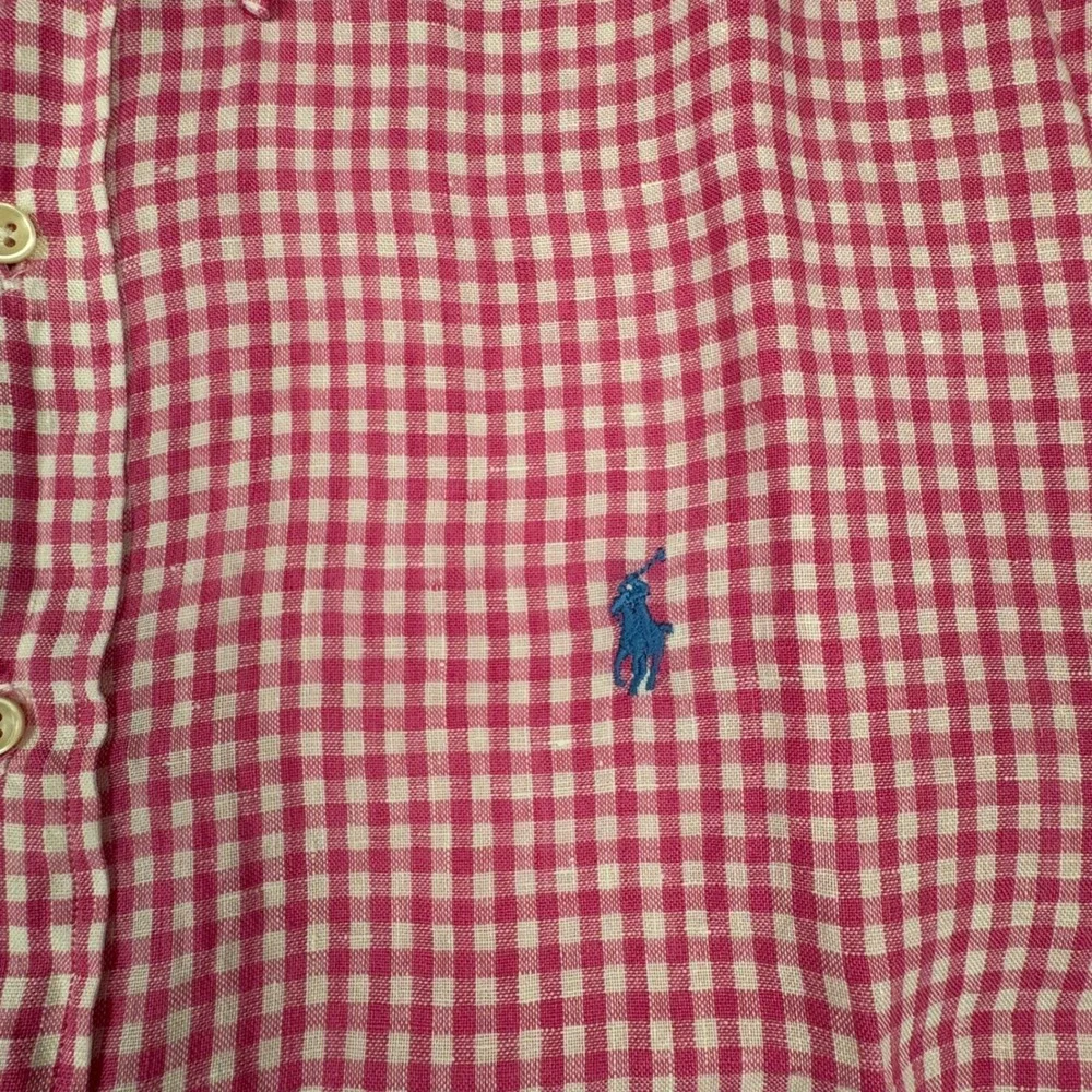Ralph Lauren Shirt XL Linen Pink Gingham Preppy Short Sleeve Classic Fit Button